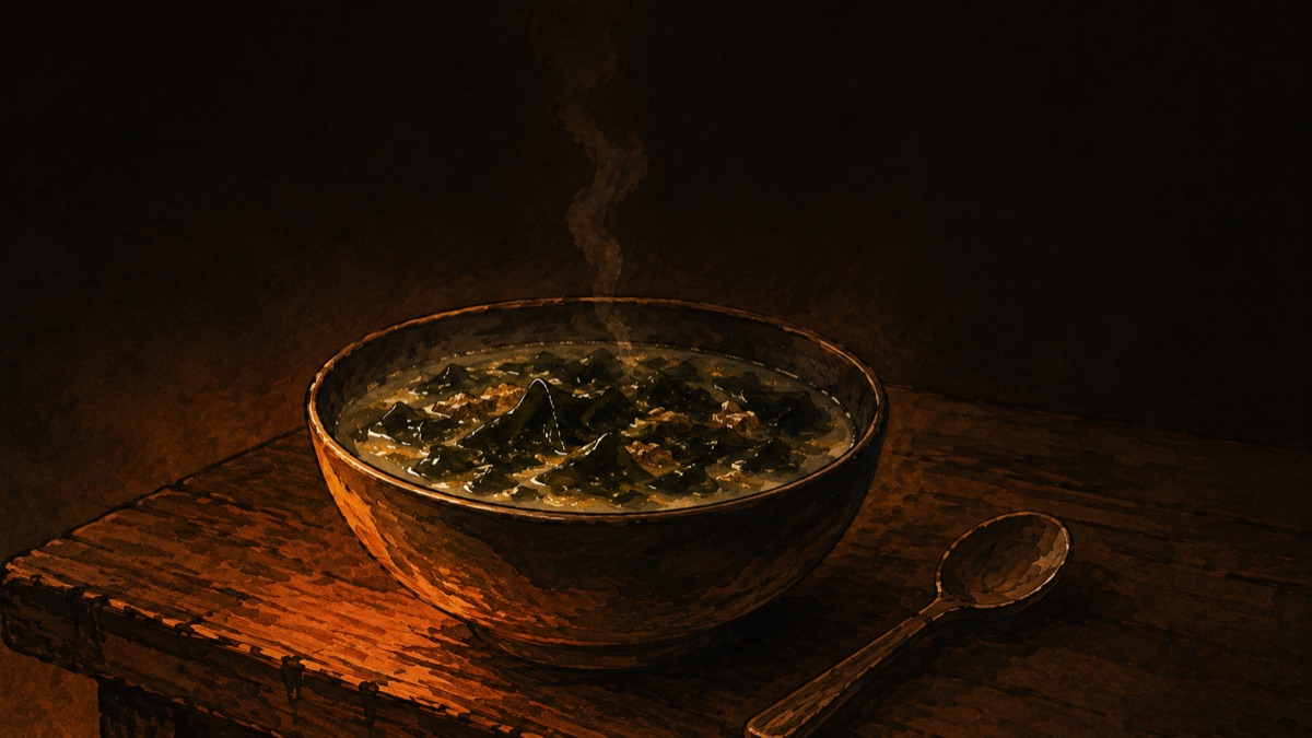 A steaming bowl of miyeokguk — seaweed soup — glowing in the dark