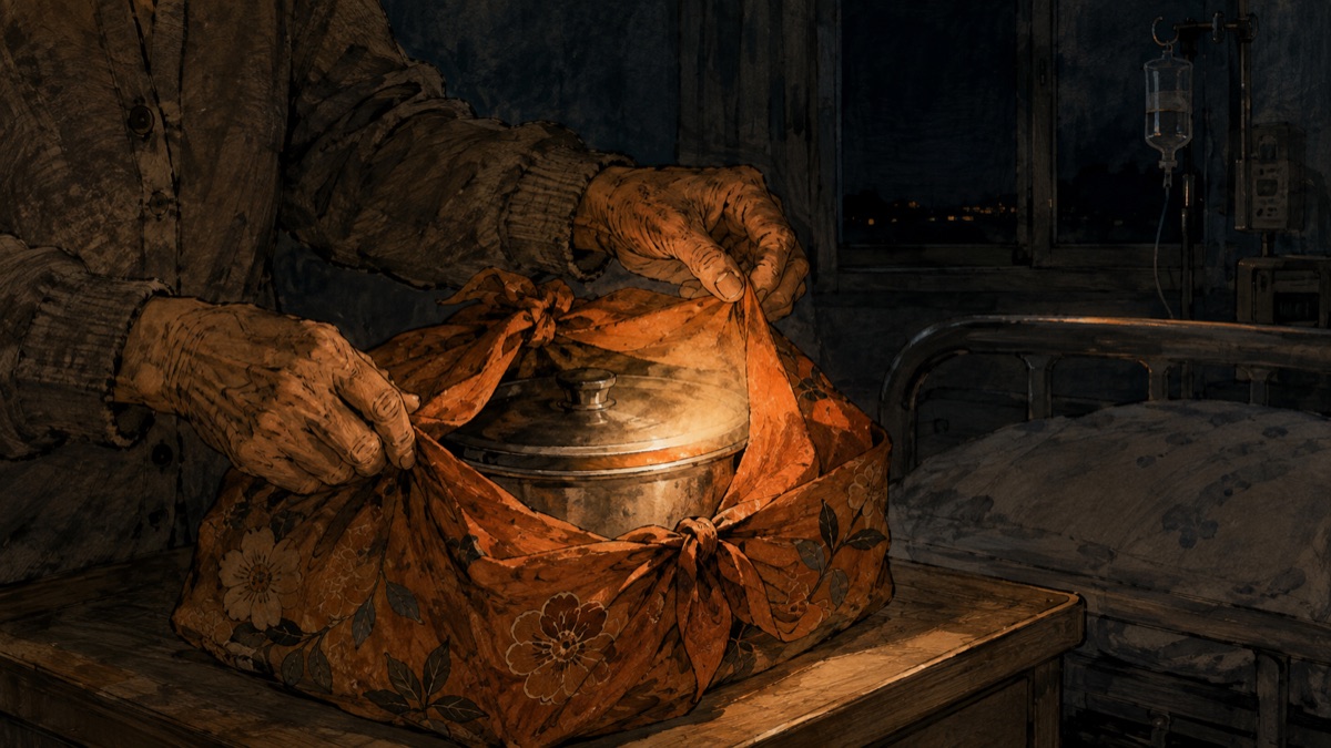 A grandmother's hands untie a cloth-wrapped pot in a dark hospital room before dawn