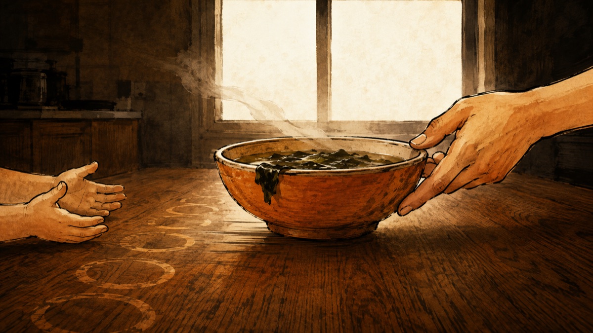 A bowl of seaweed soup slides across a wooden table from a mother's hand toward a child's waiting hands, past rings worn into the wood by years of bowls