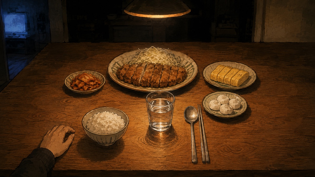 A dinner table set with favorite dishes, but a glass of water stands in the spot where the soup bowl belongs