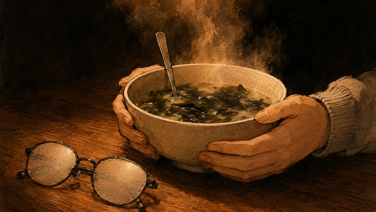 Two hands wrap a steaming bowl of seaweed soup; beside it, a pair of glasses fogged white by the steam